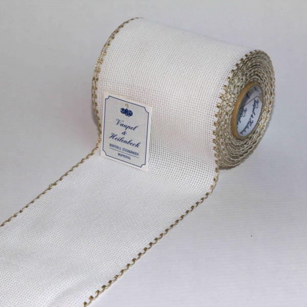 Aida-Stickband 100% BW, 100 mm, Farbe 90, weiß - Goldrand