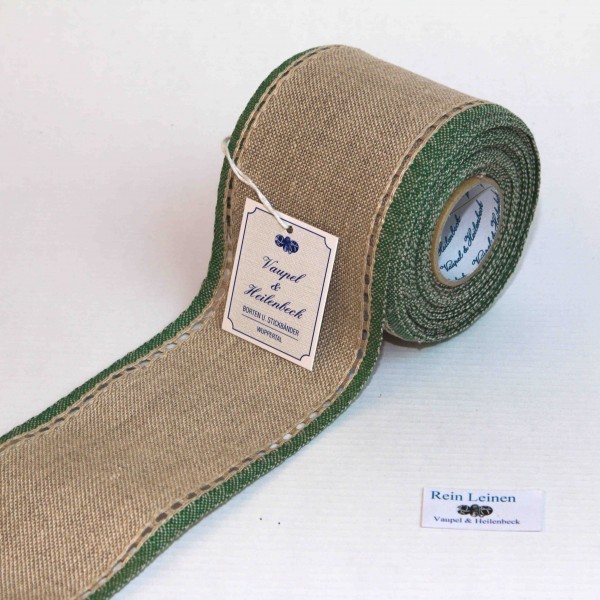 Leinenband mit Lochrand, 11-fädig, 80 mm, Farbe 23, natur - grün