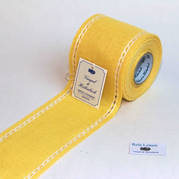 Leinenband mit Lochrand, 11-fädig, 80 mm, Farbe 1, gelb - weiß