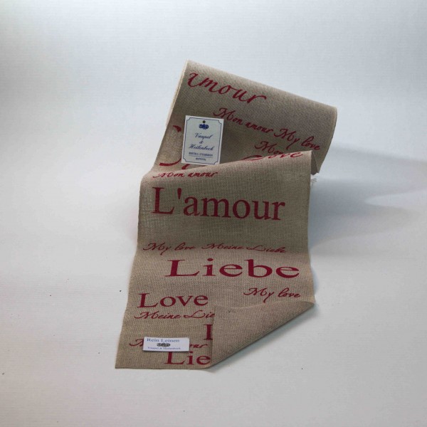 Leinenband 160 mm, Druck "L'amour", Farbe 208, natur - rot