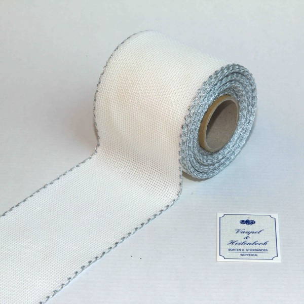 Aida-Stickband 100% BW, 80 mm, Farbe 95, weiß - Silberrand