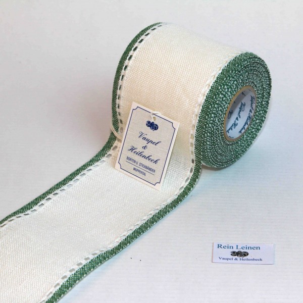 Leinenband mit Lochrand, 11-fädig, 80 mm, Farbe 23, gebleicht - grün