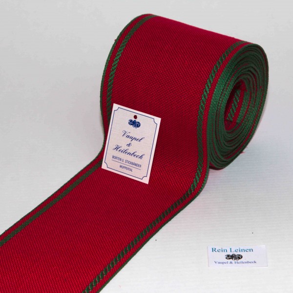 Leinenband 90 mm, 8,5-fädig, Rand gestreift, Farbe 23, rot - apfelgrün