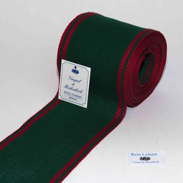 Leinenband 90 mm, 8,5-fädig, Rand gestreift, Farbe 208, grün - rot