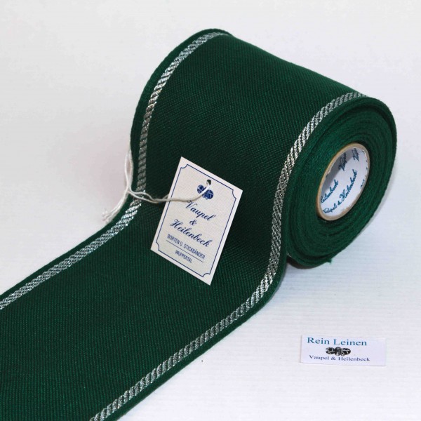 Leinenband 100 mm, 11-fädig, Rand gestreift, Farbe 95, grün - silber