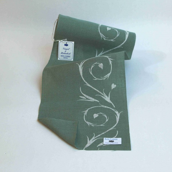 Leinenband 200 mm, Druck "Blumenranke", Farbe 23712, bergseegrün
